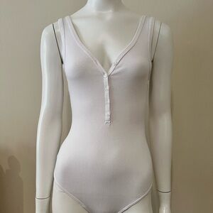 Abercrombie & Fitch White Ribbed Button-Down Henley Women's Bodysuit